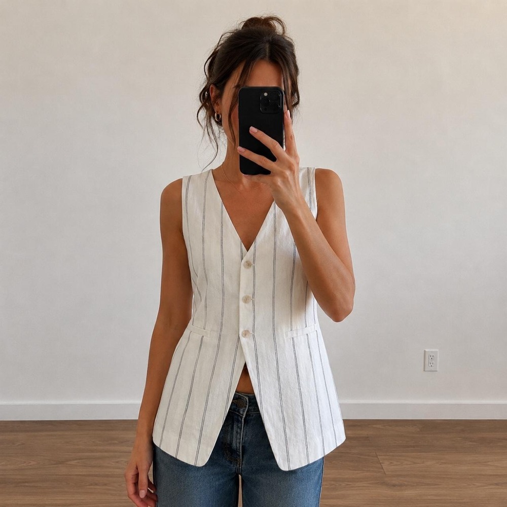 Gap White Linen Blend Striped Button Vest Women S Minimalist Quiet Luxury
